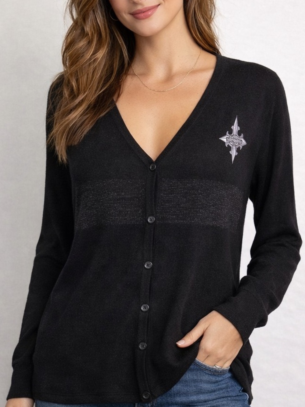 HARLEY DAVIDSON Women’s Ramie Cotton Blend Cardigan Embroidered Logo Large EUC